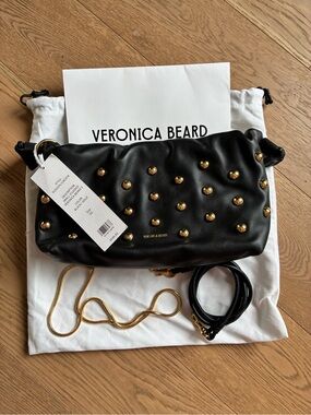 Veronica Beard Black Leather Crossbody with Gold Studs